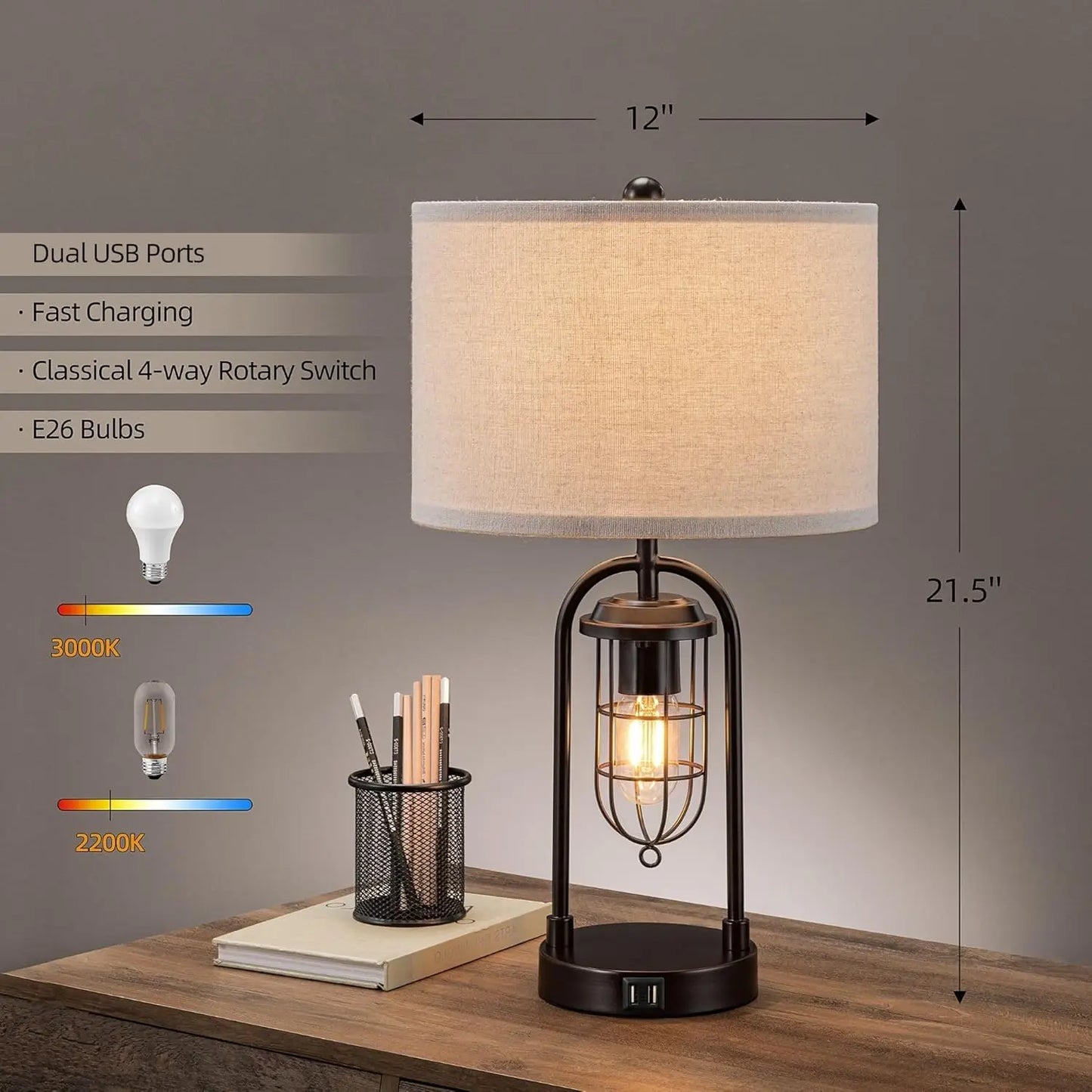 Set of 2 Modern Table Lamps with USB Ports and Night Light for Living Room Bedroom, Bulbs Included