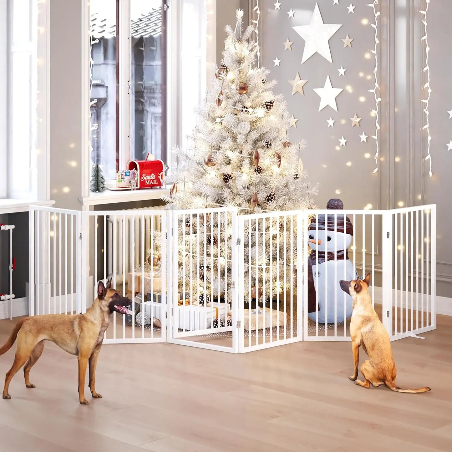 Folding No-Assembly Metal Pet Gate, 120" Wide & 32" Tall with Door, Freestanding for Indoor/Outdoor Use in White