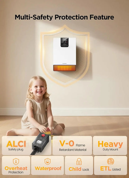 Wall Heater, 1500W Electric Space Heater, Adjustable Thermostat, 3 Modes, 24H Timer, Easy Mount, White