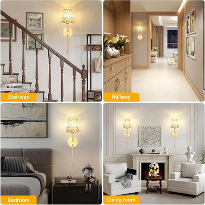 Gold Battery Operated Wall Sconces Set of 2, Crystal Rechargeable Wireless Wall Sconce Light Fixtures for Home Decor, Dimmable 1