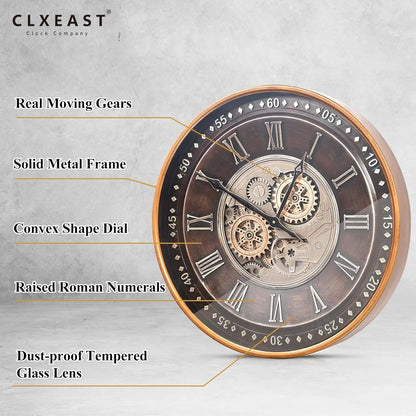 24 Inch Moving Gears Wall Clock, Industrial Steampunk Antique Gold Roman Numeral Decor for Living Room