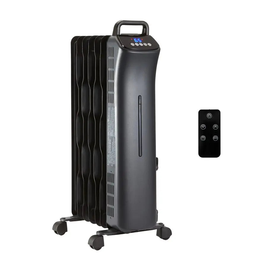 Portable Oil Space Heater with Remote Control, 7 OilFilled Fins, Adjustable Thermostat, 3 Heat Settings, TipOver and Overheat Pr