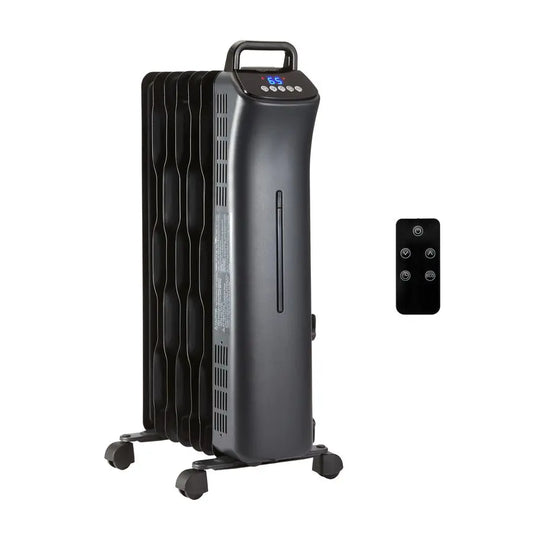 Portable Oil Space Heater with Remote Control, 7 OilFilled Fins, Adjustable Thermostat, 3 Heat Settings, TipOver and Overheat Pr