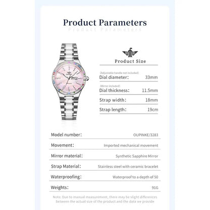 OUPINKE Automatic Watches or Women Diamond Luxury DrSel Winding StainlSteel Sapphire Crystal Ceic Ladies Watches
