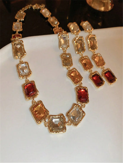Retro Luxury Rhinestone Square Choker Necklace for Women, Exaggerated Court Style Collarbone Jewelry