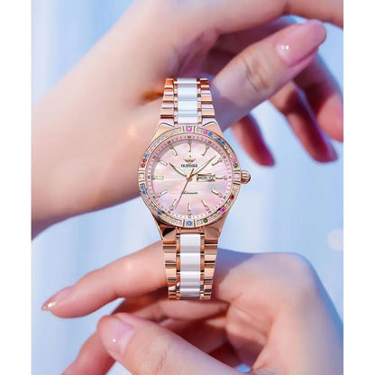 OUPINKE Women Automatic Watches Colorul Diamond Elegant Luxury DrLadies Rose Gold Mechanical Sapphire Crystal Wrist Watch