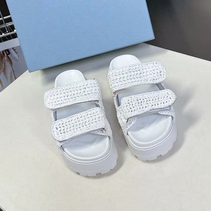 2025 New Summer Handmade Beach Slides For Woman Espadrilles Mules Shoes Magic Tape Thick Sole Woman Slippers FlipFlops