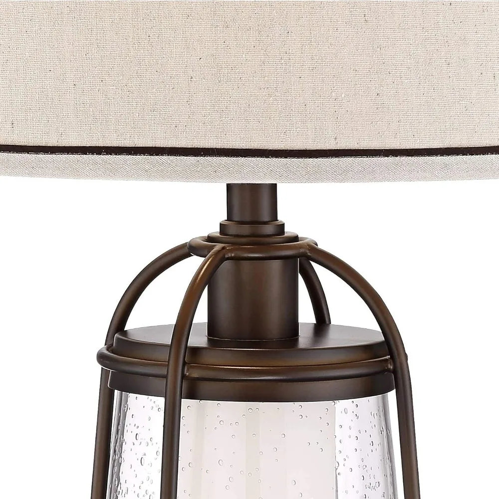 Industrial Rustic LED Nightlight Table Lamp 26 High Bronze Metal Seeded Glass Off-White Drum Shade