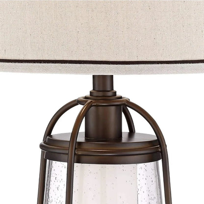 Industrial Rustic LED Nightlight Table Lamp 26 High Bronze Metal Seeded Glass Off-White Drum Shade