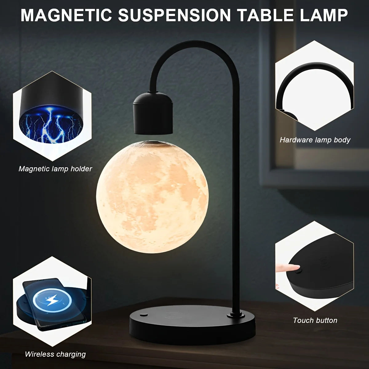 Magnetic Floating Moon Lamp, 3D Moon Light, 15w Wireless Phone Charger, Touch Control, Desk Lamp, Atmosphere Night Light