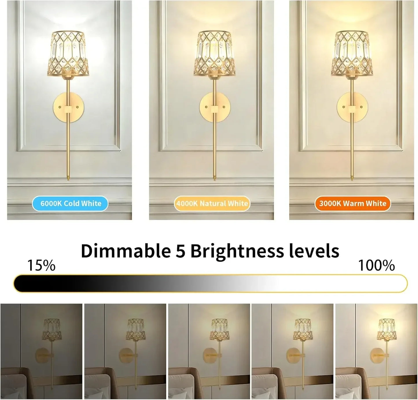 Gold Battery Operated Wall Sconces Set of 2, Crystal Rechargeable Wireless Wall Sconce Light Fixtures for Home Decor, Dimmable 1