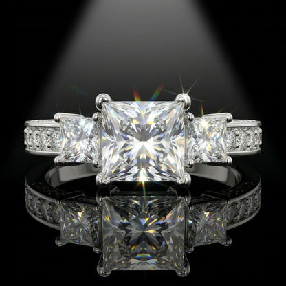 Princess Cut Three Stone Moissanite Ring, 925 Sterling Silver, D Color VVS1, 3 Carat, Hip Hop Unisex, With Certificate