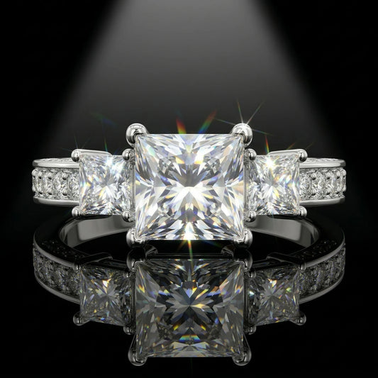 Princess Cut Three Stone Moissanite Ring, 925 Sterling Silver, D Color VVS1, 3 Carat, Hip Hop Unisex, With Certificate