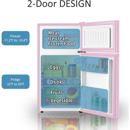 Compact 3.2 Cu.Ft Mini Fridge with Separate Freezer for Dorm Bedroom Office or Apartment 2-Door Design with 7-Level Temperature