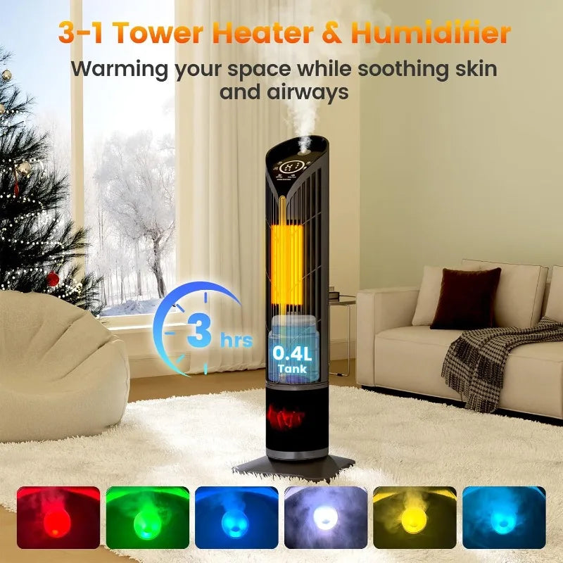Auertech 28" Space Heater w/ Humidifier & LED Lights,3 in 1 Electric Space Heater w/ 3D Flame,Oscillating Room Heaters,12H Timer