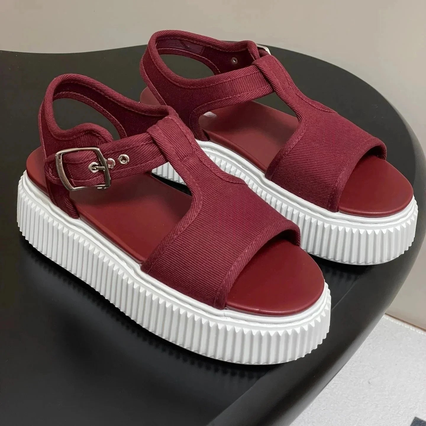 Newest Summer Canvas Shoes Fabric Open-Toe Thick Sole Buckle-Strap Woman Sandals Platform Mary Janes Gladiator Sandals