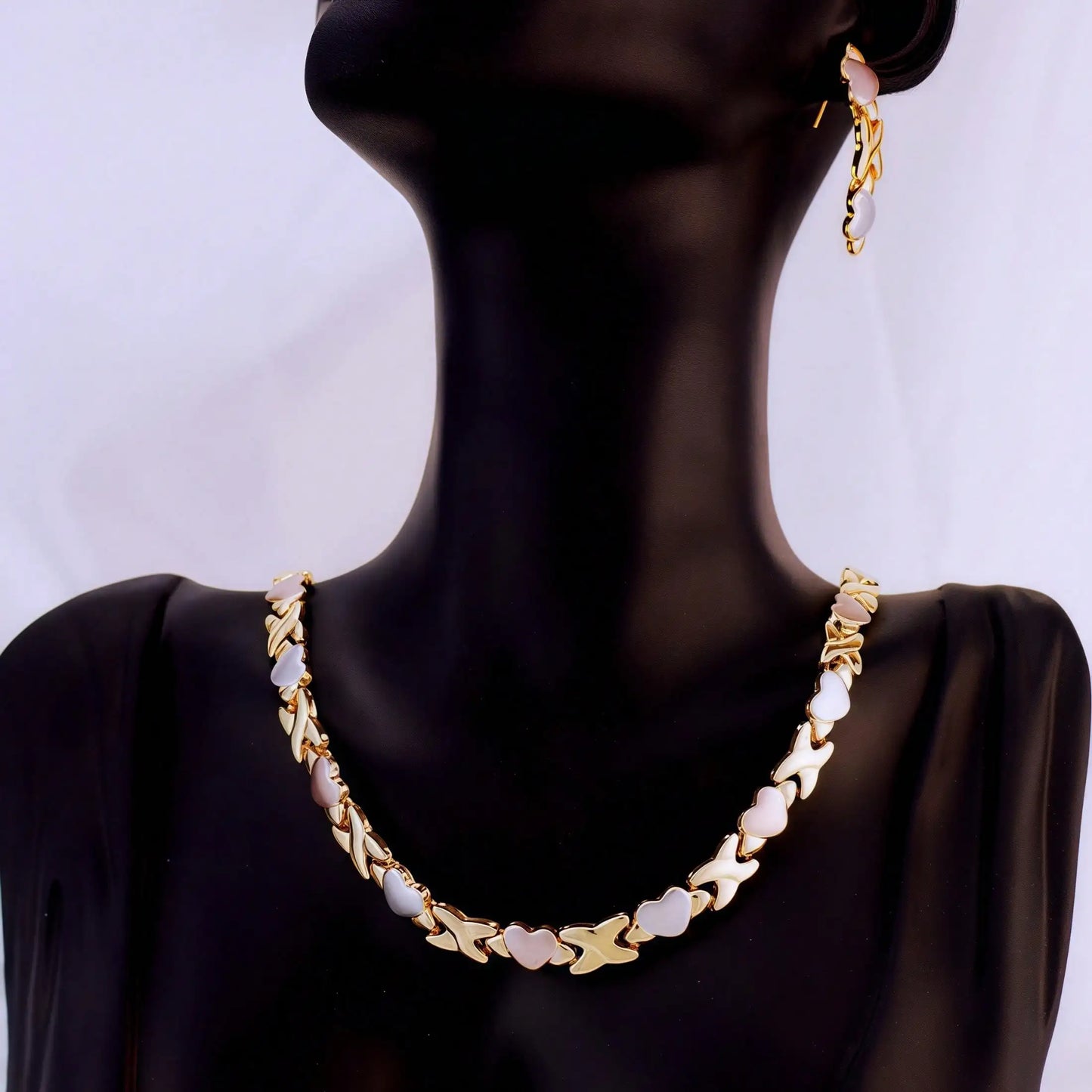 Gold Plated Heart Necklace & Earrings Set for Women, Tricolor XOXO Design, Wedding Bridal Dress Accessory