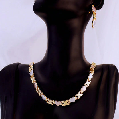 Gold Plated Heart Necklace & Earrings Set for Women, Tricolor XOXO Design, Wedding Bridal Dress Accessory