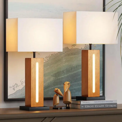 Set of 2 Modern Dimmable Bedside Lamps with LED Nightlight, Rustic Square Wood Grain Nightstand Lamps with Linen Shades for