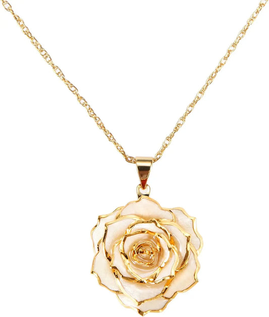 AliveRose Real Rose Gold Dipped Necklace Gifts for Women, 24K Gold Dipped Rose Pendant Necklace Jewelry Mothers Day Anniversarie