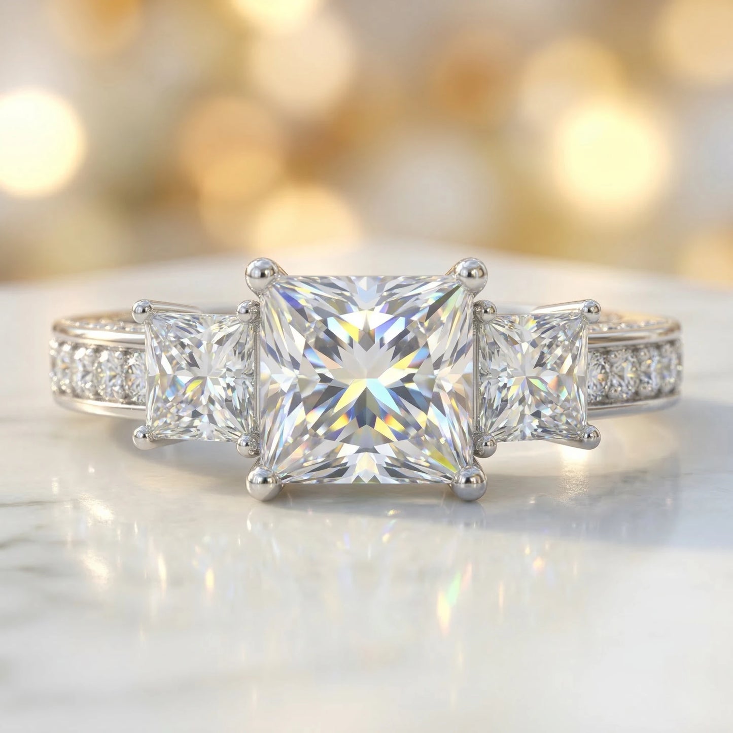 Princess Cut Three Stone Moissanite Ring, 925 Sterling Silver, D Color VVS1, 3 Carat, Hip Hop Unisex, With Certificate