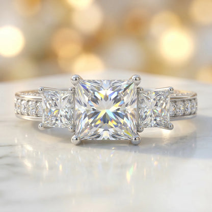 Princess Cut Three Stone Moissanite Ring, 925 Sterling Silver, D Color VVS1, 3 Carat, Hip Hop Unisex, With Certificate