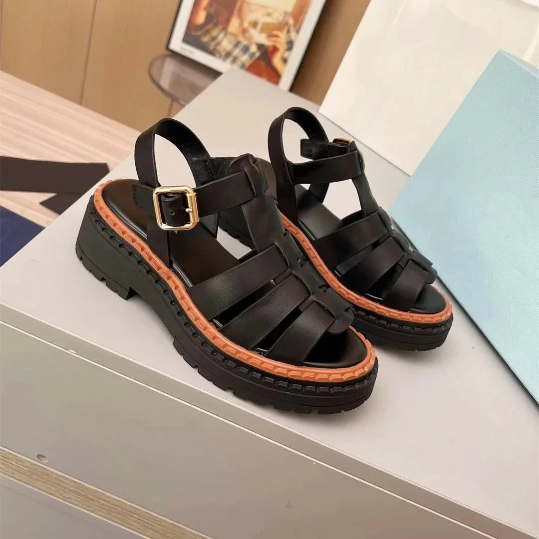 Shoes Women Size35-41 Genuine Leather Sandals Med Heels Gladiator Flat Platform Summer Flats Designer Shoes Zapatillas De Mujer