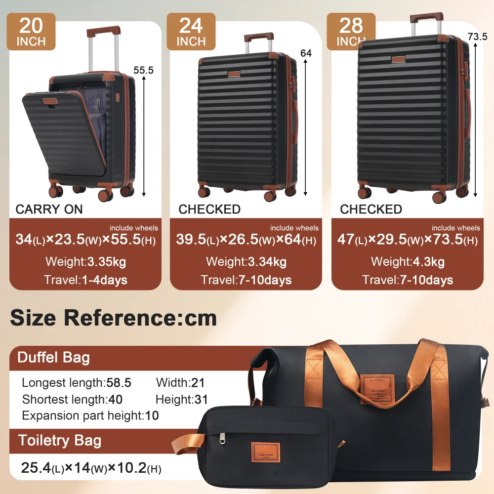 Front Opening Expandable Hardside 5 Piece Luggage Set with USB Port TSA Lock Cup Holder Spinner Wheels Duffel Bag Toiletry Bag