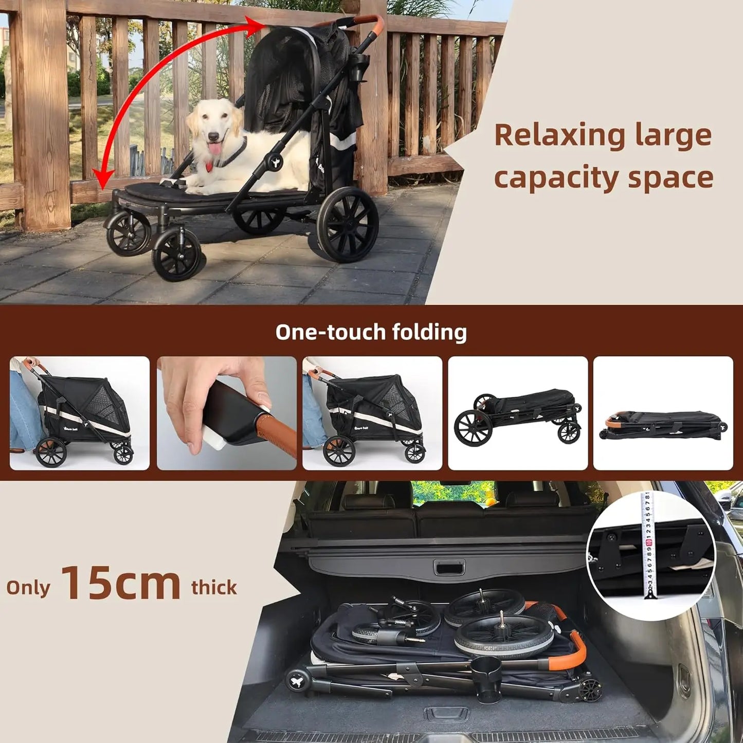 Large Dog Stroller for 2 Pets, One-Click Foldable with Storage, Holds Up to 80LBS
