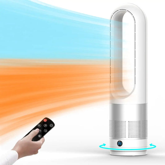 Bladeless Tower Fan Heater Cooler Combo Remote Oscillation Speeds Heating Modes Timer LED Display Quiet Safety Fast Heat Bedroom