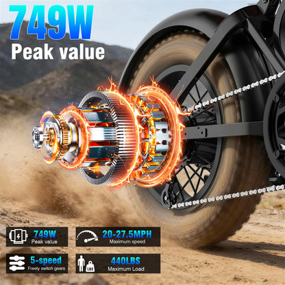 Fat Tire Electric Bike, 749W Peak Motor, 20-27.5MPH Max Speed, 48V 15.6-23.4AH Battery, for Urban Commuting & Outdoor Adventures
