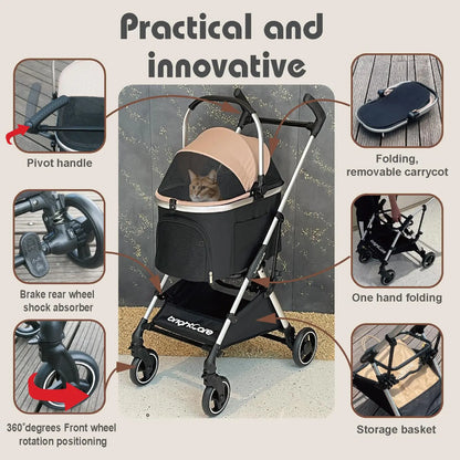 Lightweight Pet Stroller for Small Dogs & Cats Under 20 lb, Converts to Car Seat, One-Hand Fold