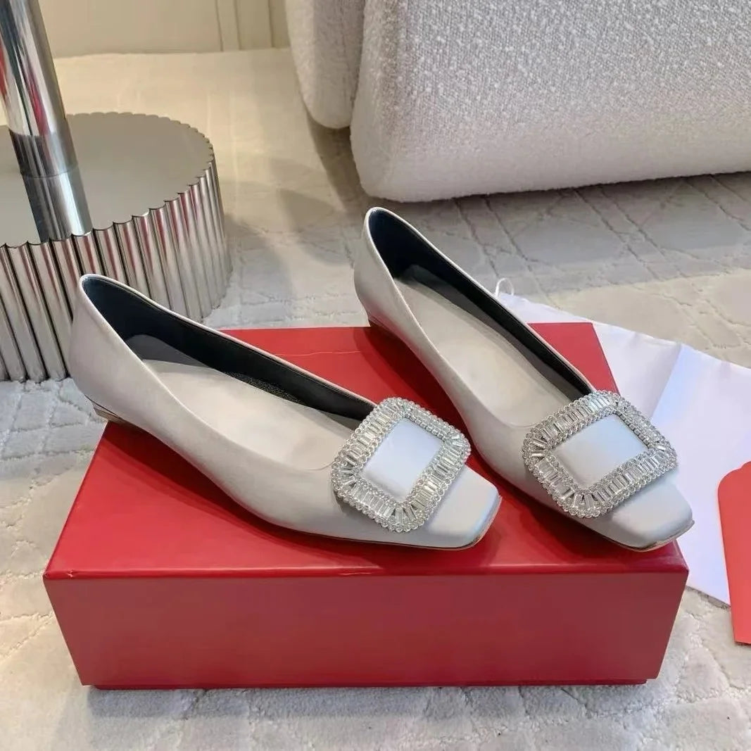 2026 Classic Silk Square-Toe Shallow Woman Flats Square-Button Decora  Mouth Single Shoes Willow Fashion Females Banquet