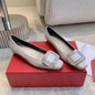 2026 Classic Silk Square-Toe Shallow Woman Flats Square-Button Decora  Mouth Single Shoes Willow Fashion Females Banquet