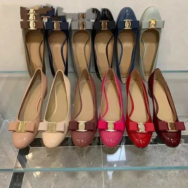 2025 Ballet flats new leather round head shallow bow multifunctional single shoes women's leather bow bow design