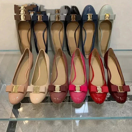2025 Ballet flats new leather round head shallow bow multifunctional single shoes women's leather bow bow design