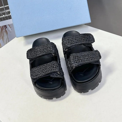 2025 New Summer Handmade Beach Slides For Woman Espadrilles Mules Shoes Magic Tape Thick Sole Woman Slippers FlipFlops