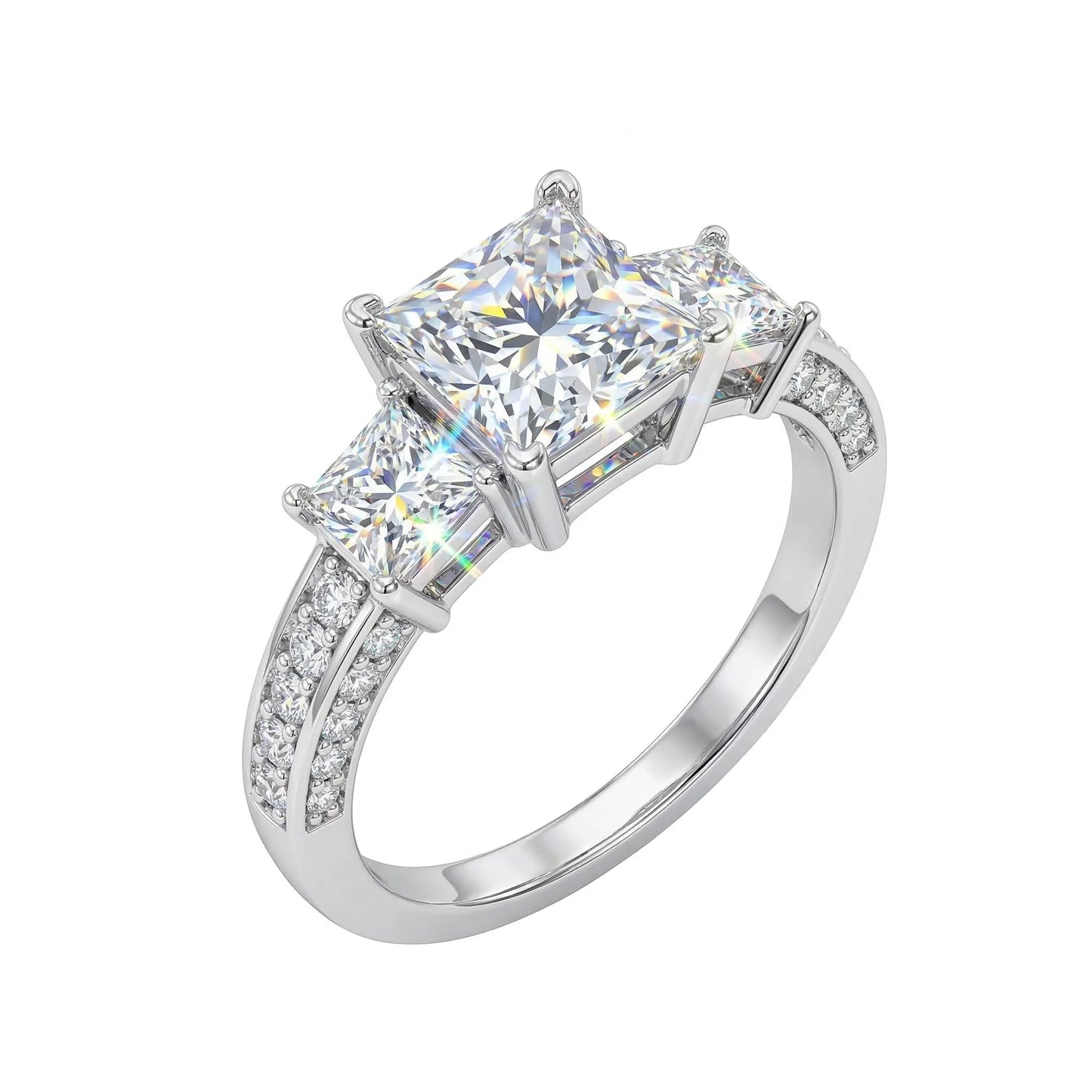 Princess Cut Three Stone Moissanite Ring, 925 Sterling Silver, D Color VVS1, 3 Carat, Hip Hop Unisex, With Certificate