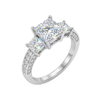 Princess Cut Three Stone Moissanite Ring, 925 Sterling Silver, D Color VVS1, 3 Carat, Hip Hop Unisex, With Certificate