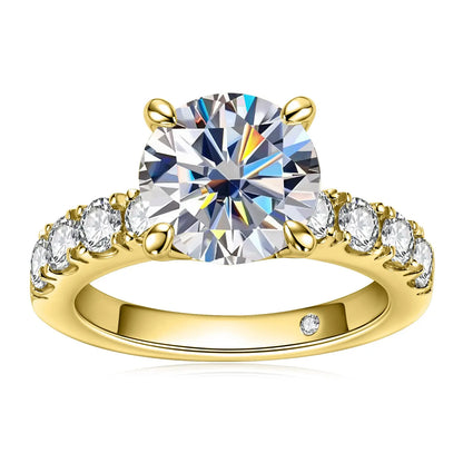 3.5 Carat White Moissanite Ring, 925 Sterling Silver, 18K Gold Plated, 4 Prong Round Center with Side Stones, GRA Certificate