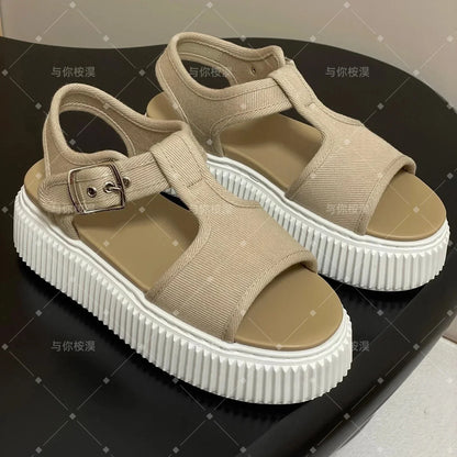 Newest Summer Canvas Shoes Fabric Open-Toe Thick Sole Buckle-Strap Woman Sandals Platform Mary Janes Gladiator Sandals