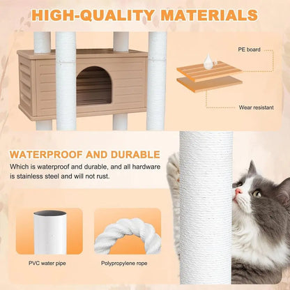 65 High-Quality Outdoor Multi-Level Cat Tree with Condo and Scratching Posts for Indoor and Outdoor Use
