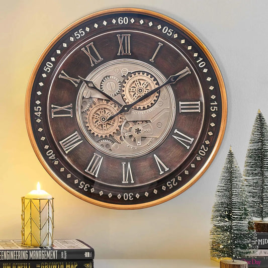 24 Inch Moving Gears Wall Clock, Industrial Steampunk Antique Gold Roman Numeral Decor for Living Room