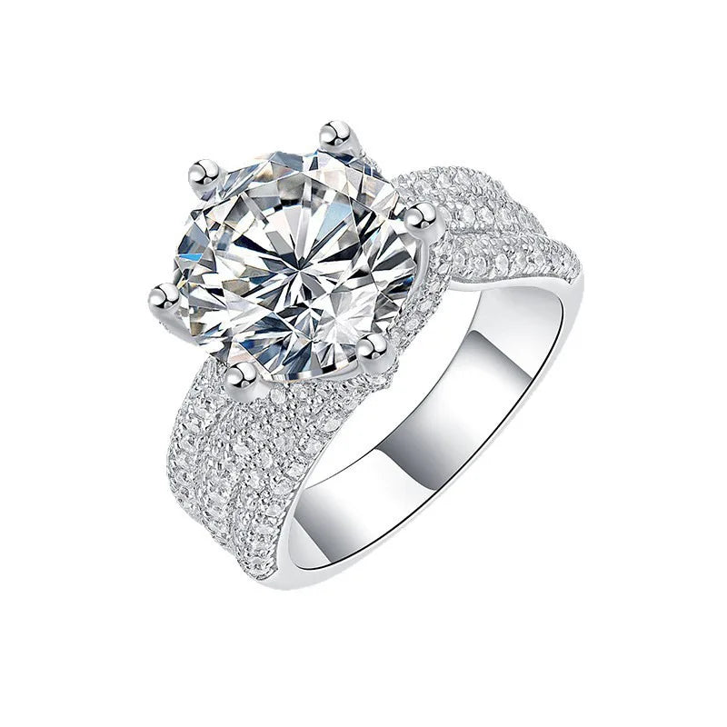 5 Carat Round Moissanite Ring, D Color VVS1, 925 Sterling Silver, Twisted Shank Pave Setting Wedding Band, Pass Diamond Tester