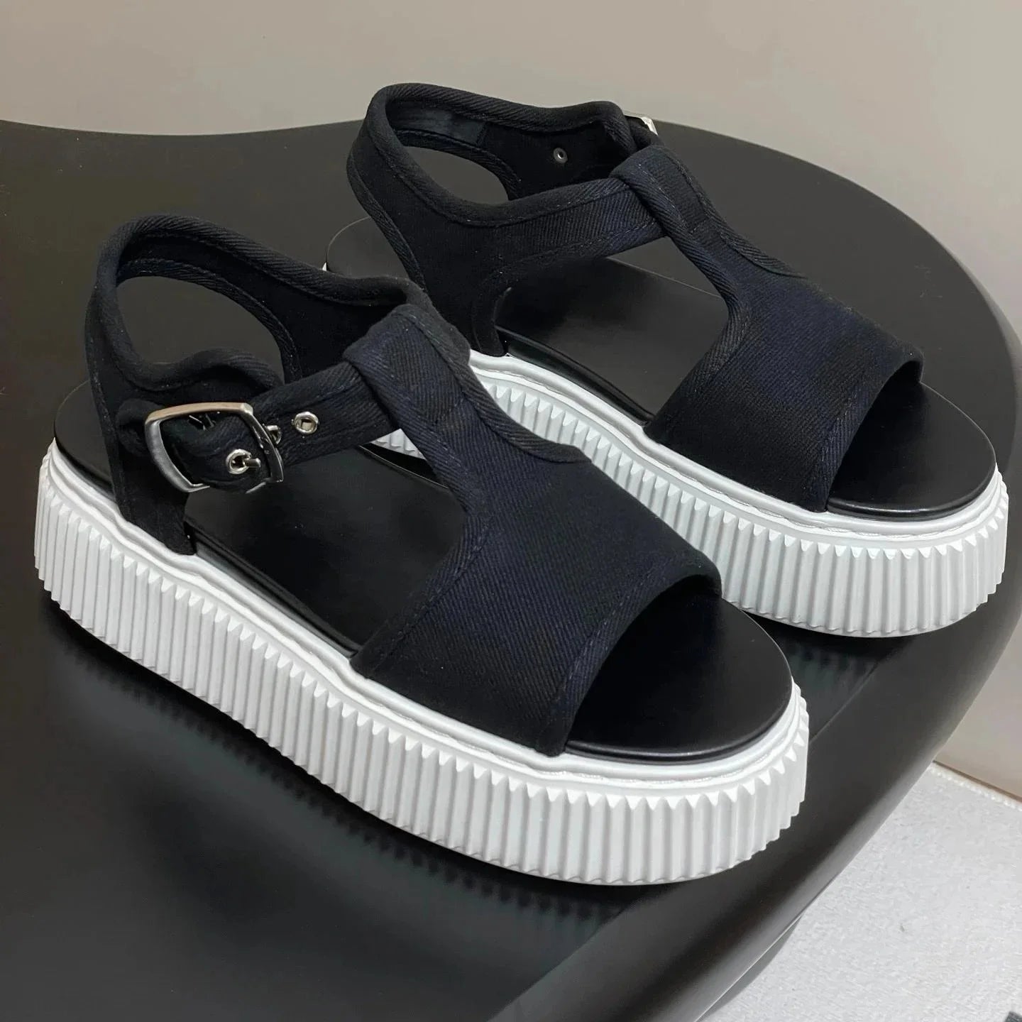 Newest Summer Canvas Shoes Fabric Open-Toe Thick Sole Buckle-Strap Woman Sandals Platform Mary Janes Gladiator Sandals