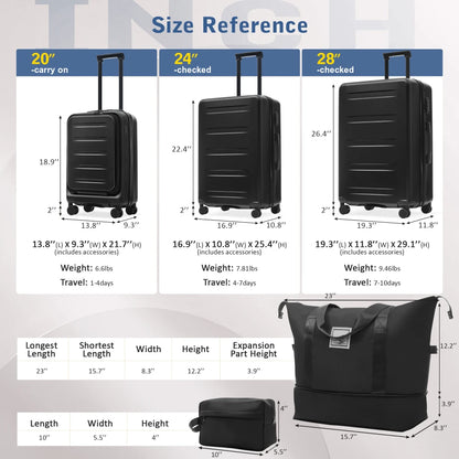 Lightweight 5Pcs Hardside Luggage Sets, Front Opening Expandable Suitcase with USB & TSA Lock, 3 Sizes Spinner Wheels