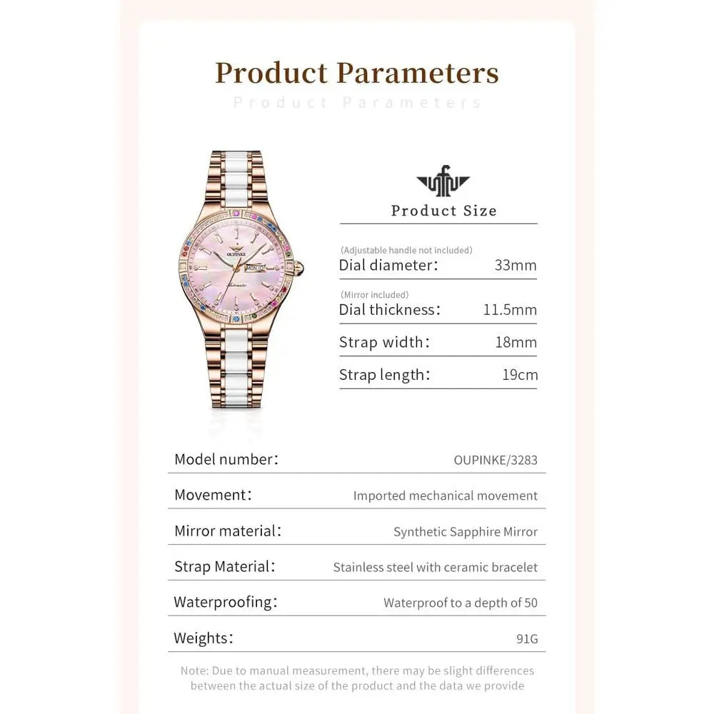 OUPINKE Women Automatic Watches Colorul Diamond Elegant Luxury DrLadies Rose Gold Mechanical Sapphire Crystal Wrist Watch