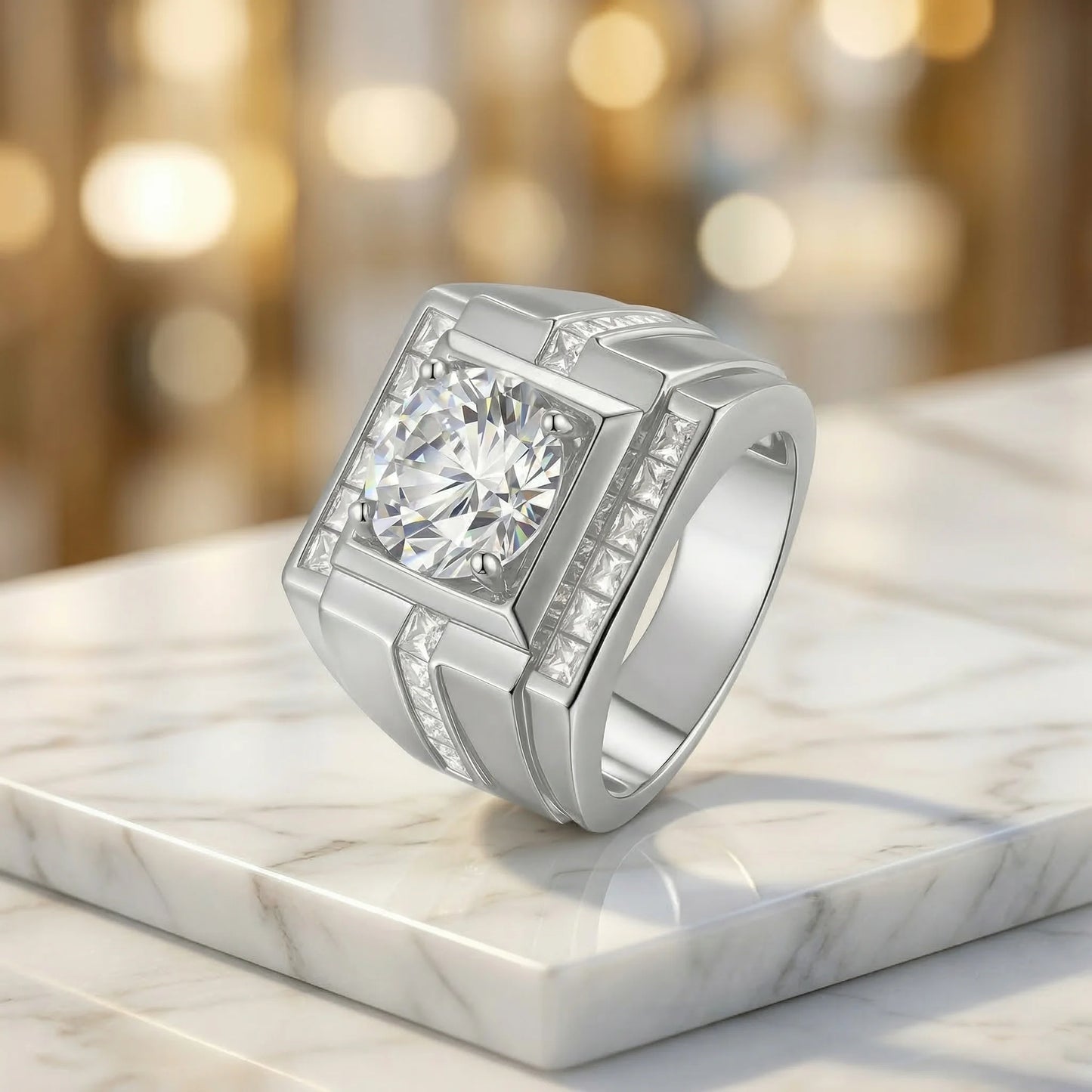 4 Carat Round Moissanite Ring, 925 Silver, D Color VVS1, Square Halo Channel Set, Men's Wedding Band, Pass Diamond Tester