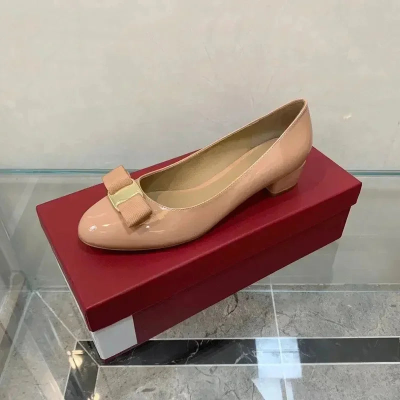 2025 Ballet flats new leather round head shallow bow multifunctional single shoes women's leather bow bow design